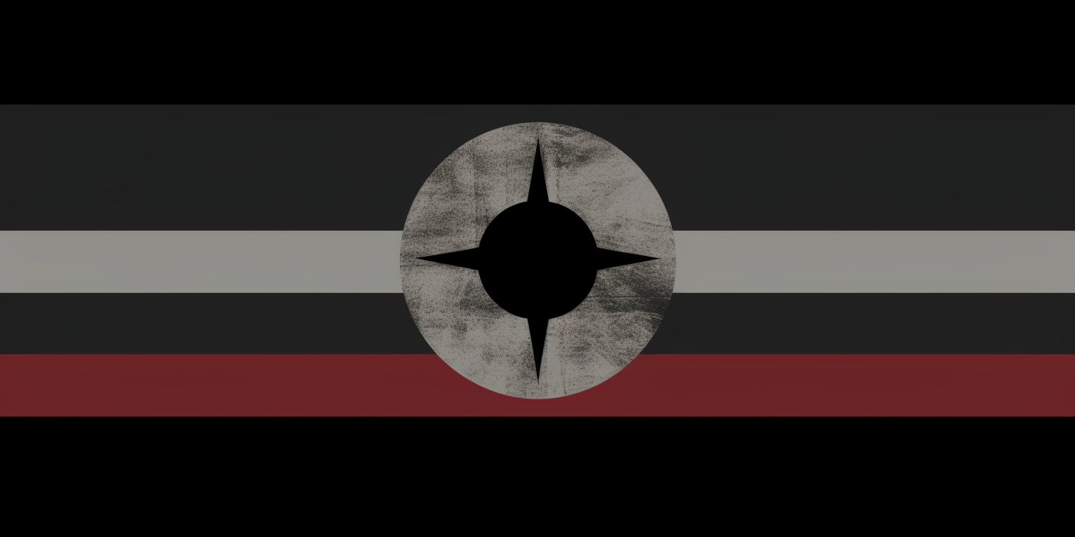A graphic image featuring a bold, circular emblem centered on a horizontally striped background. The background stripes alternate in colors of black, gray, and red. The emblem, reminiscent of a compass or a targeting reticle, is composed of a black circle with a stylized crosshair in the center, all set on a textured, grayscale backdrop that gives it an aged and weathered appearance.