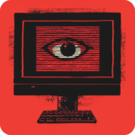 An icon featuring a computer monitor with a keyboard, set against a vivid red background. The screen displays a graphic of a single eye with multiple horizontal lines running across it, giving the impression of being watched or monitored. The image's style is reminiscent of digital surveillance themes and evokes a sense of privacy concerns related to technology.
