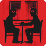 An illustrative icon depicting two silhouetted figures seated opposite each other at a small table against a bold red background. Both figures have exaggerated large eyes, giving them a distinct and intense appearance. The scene also includes a suggestion of a window with blinds in the background, adding to the graphic's mysterious and possibly clandestine atmosphere.