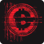 A digital icon with a distressed, glitch-style effect featuring a fusion of the Bitcoin and dollar symbol in the center. The symbol is encircled by what appears to be the crosshairs of a scope, suggesting targeting or focus. The entire image is rendered in a monochromatic red hue, set against a darker background that contains vertical streaks and digital noise, adding to the icon's edgy and high-tech aesthetic.